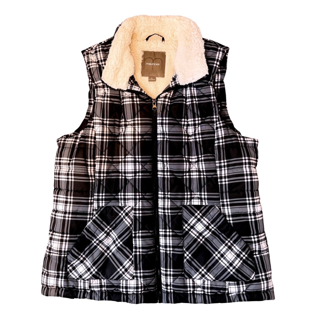 Quilted Plaid Soft Shell Puffer Vest with Faux Fur Lining (LG) Full Zip Layering